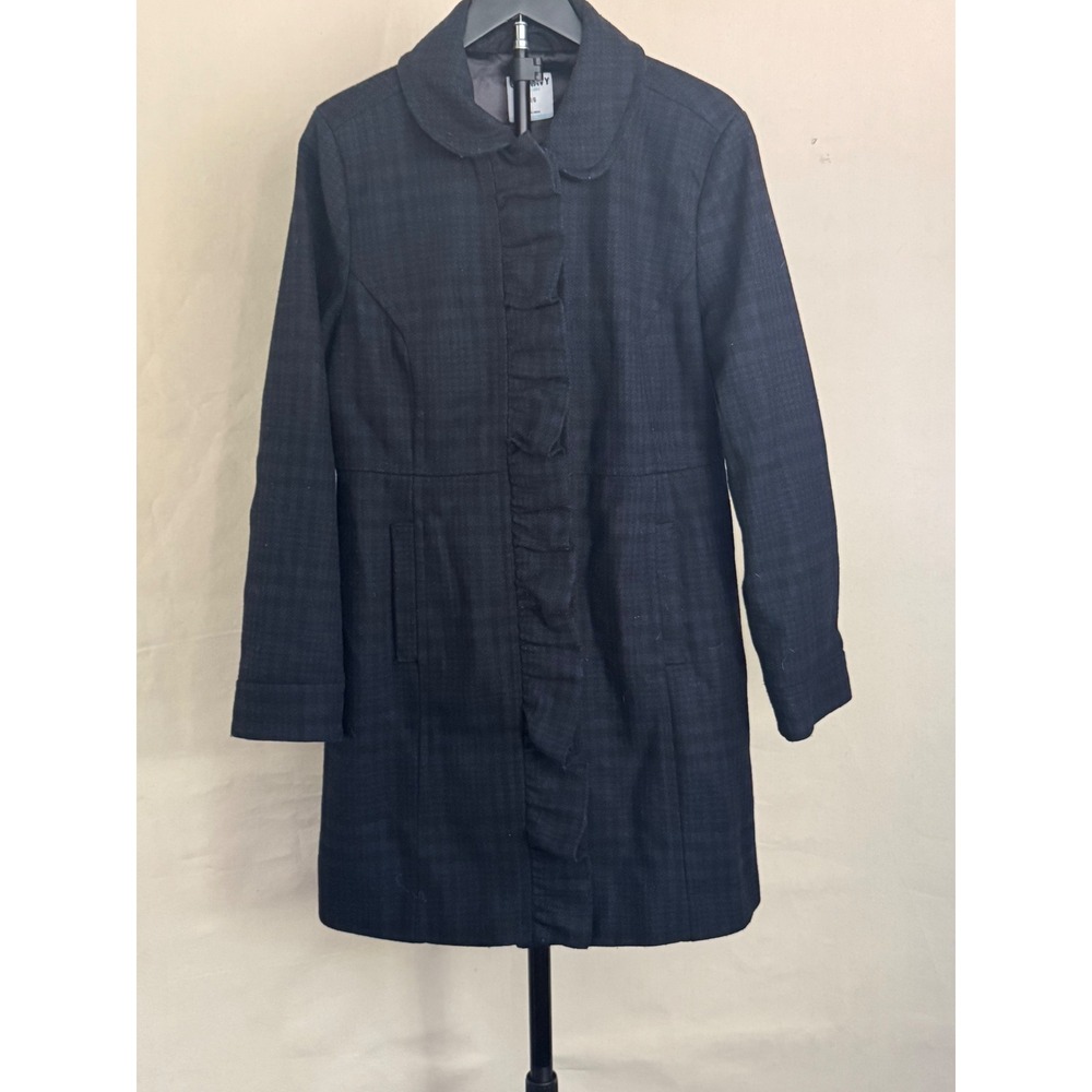 Title: Old Navy L Blue Black Plaid Wool Blend Ruffle Placket Long Coat MSRP $80